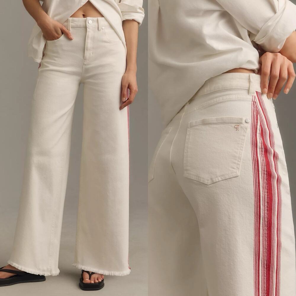 Anthropologie Pilcro Dishtowel Stripe Mid-Rise Wide-Leg Jeans Womens 32 Ivory - Picture 2 of 13